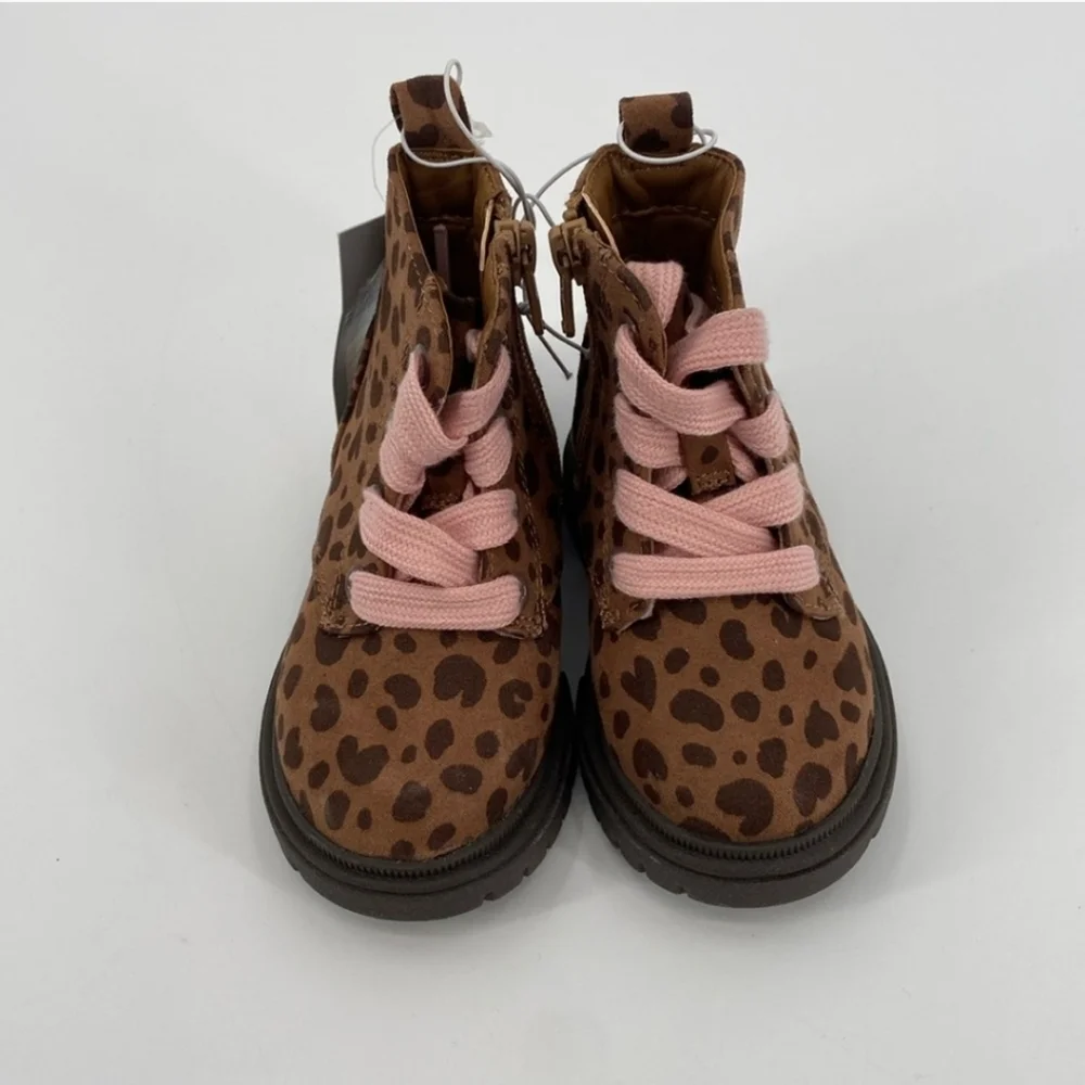 Cat & Jack Amaya Leopard Heart Print Combat Boots Pink Laces Toddler Sz 5